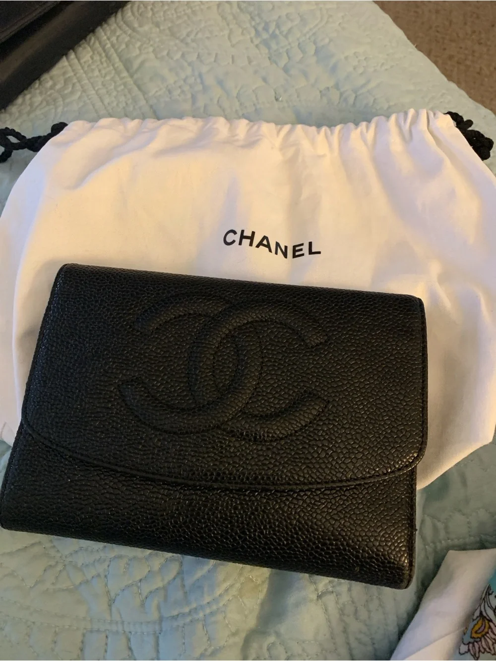 CHANEL Black Pebbled Caviar Leather CC Flap Wallet
